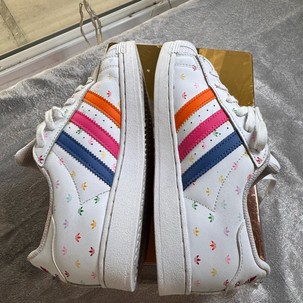 adidas Kids Sneakers White with Pink, Blue, and Orange Stripes - Picture 5 of 8